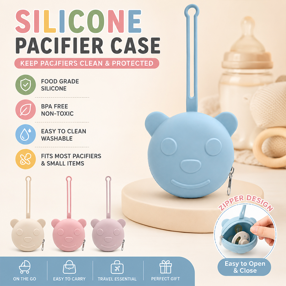Backpack Diaper Bag - Portable silicone pacifier bag, pacifier storage