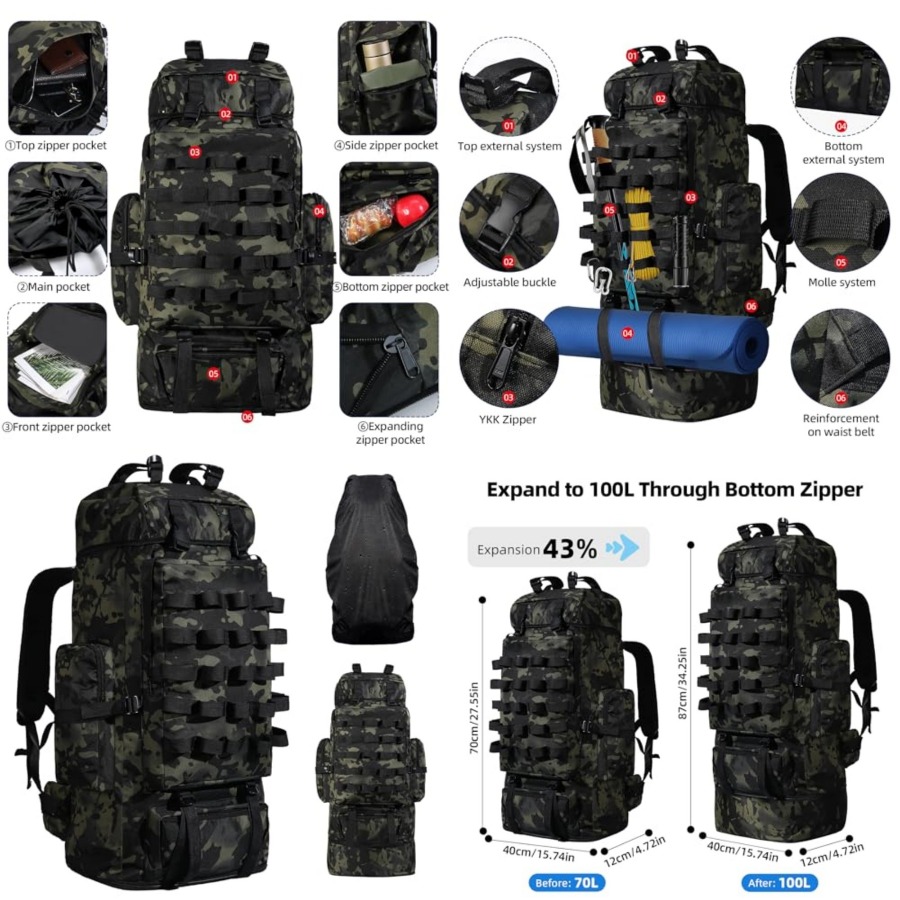 70L/100L Camping Hiking Backpa - Rain Cover Backpack incelemesi ve fiyatı
